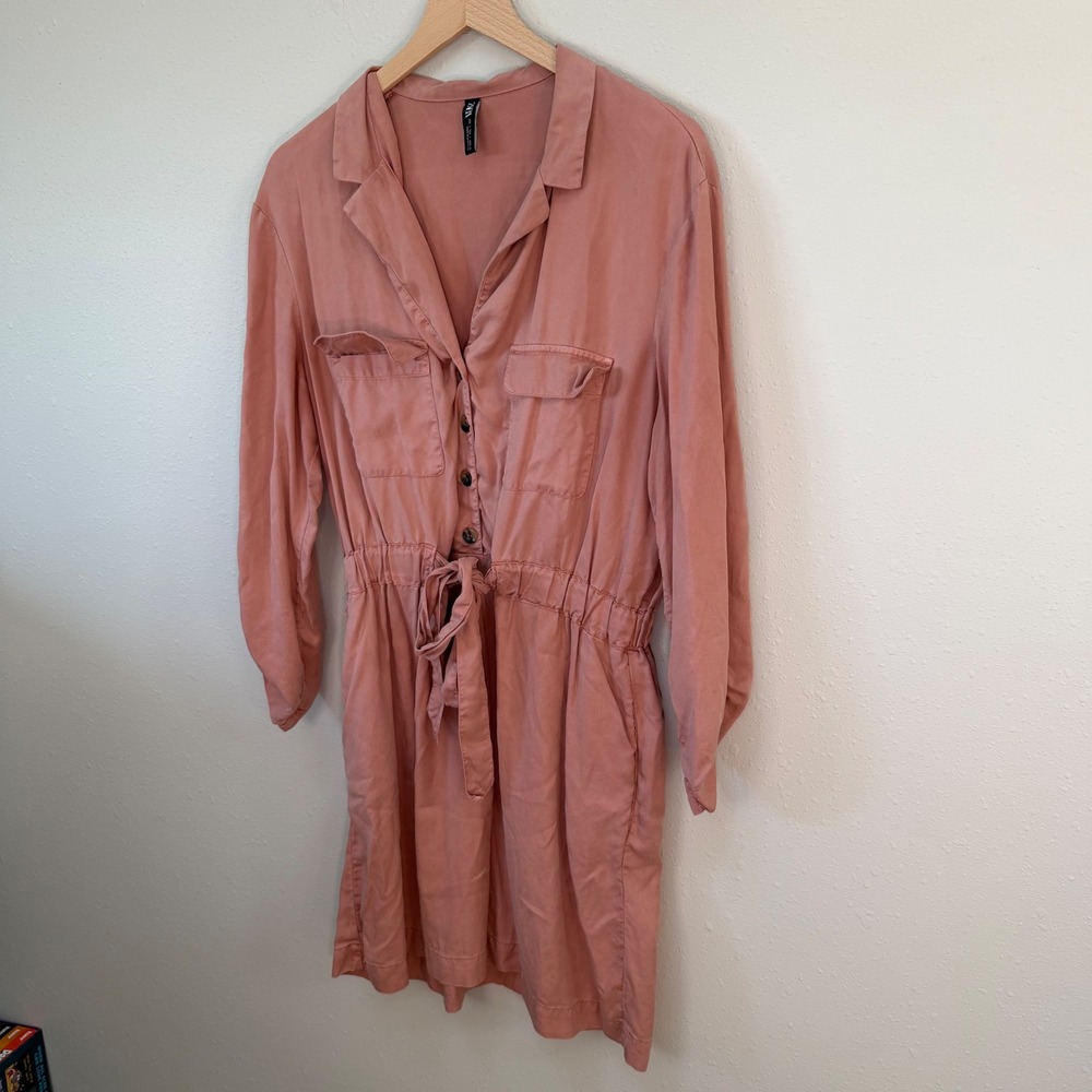 Zara Shirt Dress Womens Large Rose Pink Utility Tie Waist Safari Chic Pocketed - Picture 2 of 16